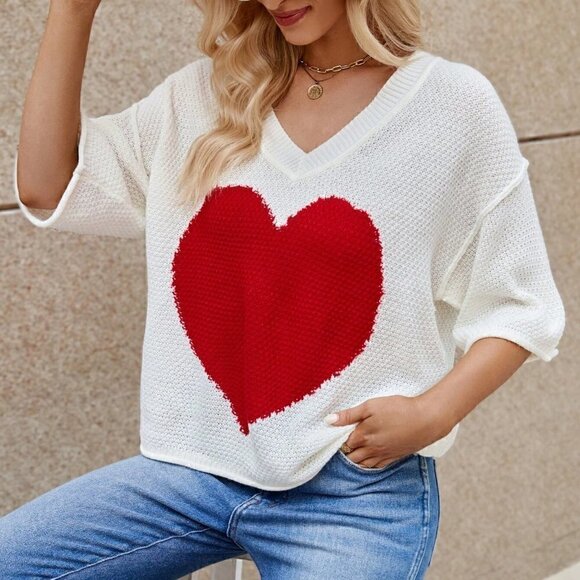 White Preppy Womens Heart Pattern Drop Shoulder Knit Top - Picture 5 of 5